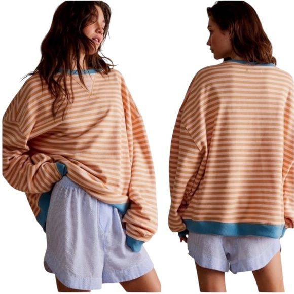 We The Free Classic Striped Crew Sweatshirt Sweater Brown Blue Size L #1662 NWT - Picture 2 of 9